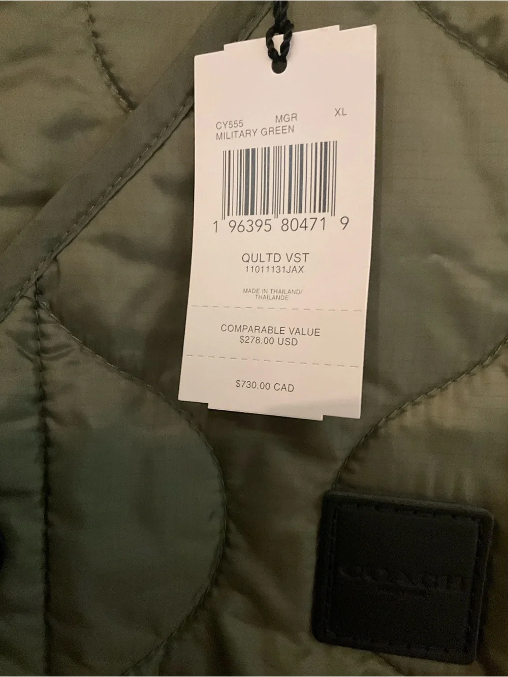 Coach Quilted Olive Vest with Button Front